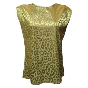 Mundefeis green leopard top with tucked sleeve and shoulder pad. Medium